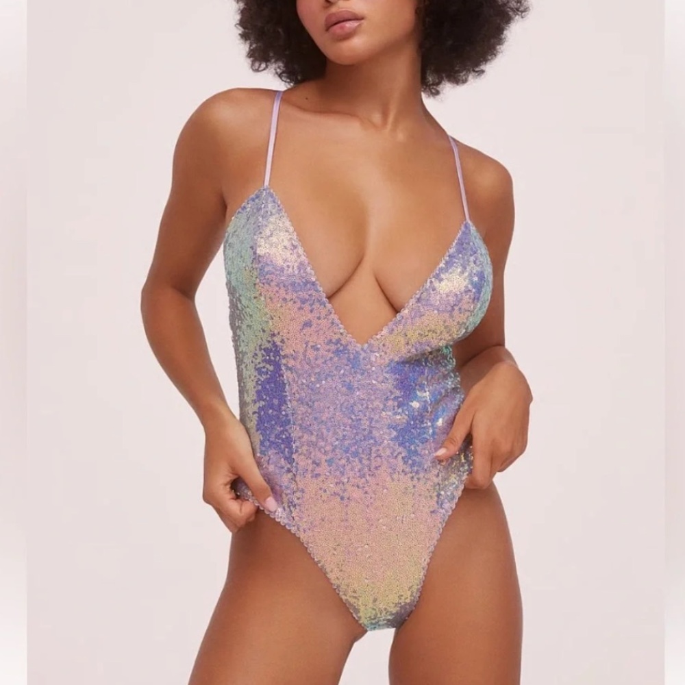For Love and Lemons Cosmo Sequin Bodysuit Opal XS Plunge Adjustable